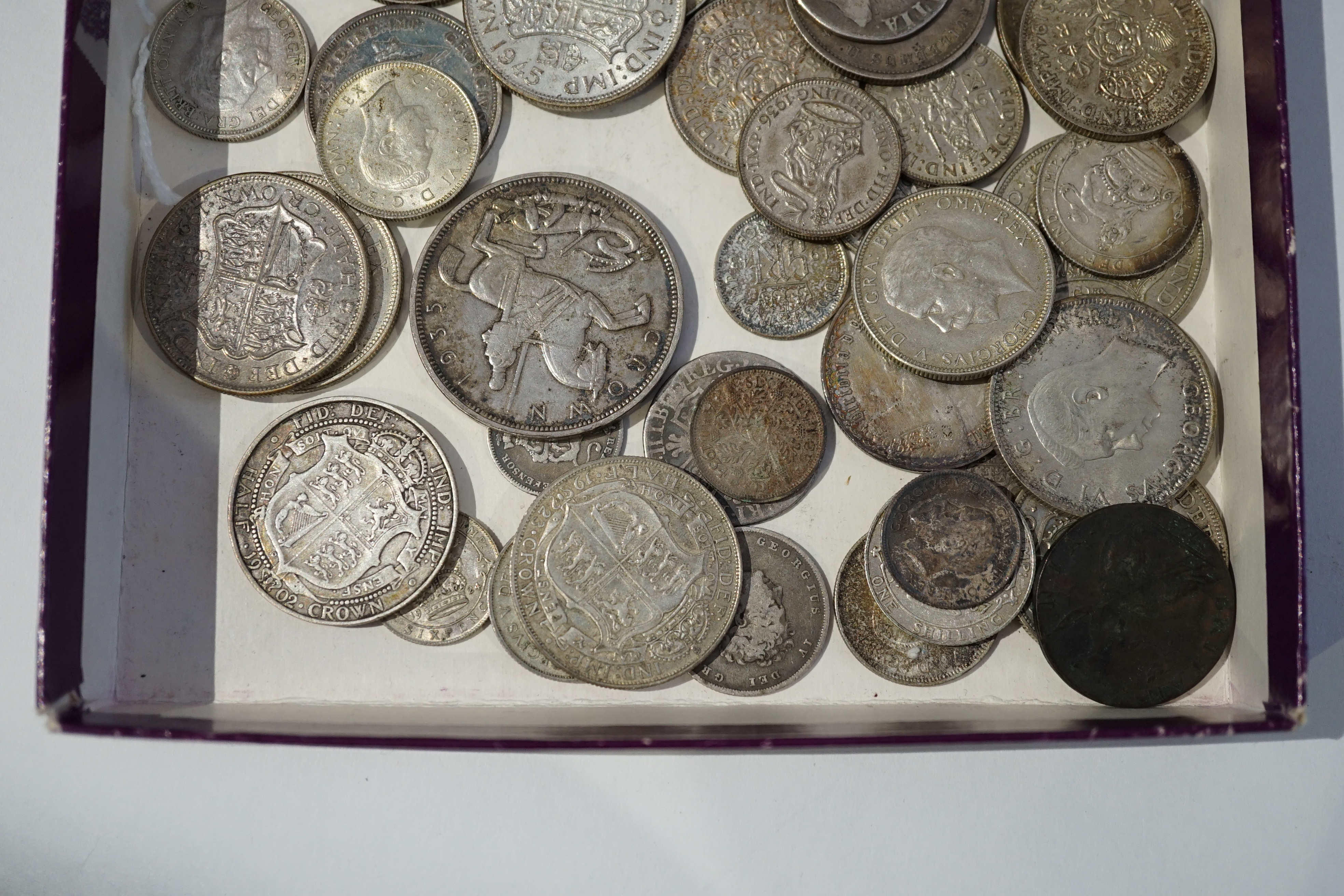 British silver coins, Anne to George VI, highlights include 1935 crown, two Anne shillings, various halfcrowns, florins and shillings and threepence coins, many VF or better, together with a George III 1775 Halfpenny, Ge